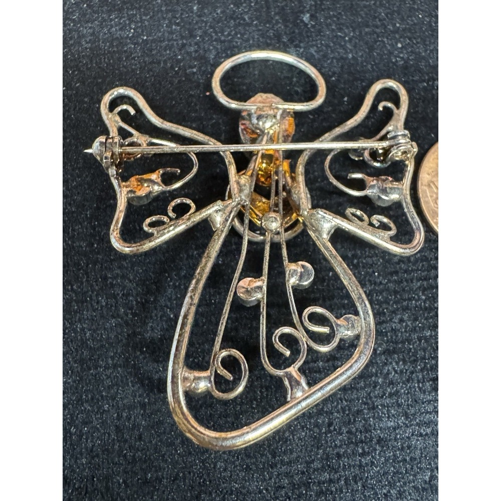 Vintage Angel Brooch Rhinestone Silver Tone Filigree Halo Winged Pin